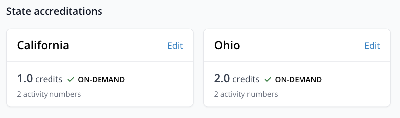 State accreditation settings with credit hours per jurisdiction
