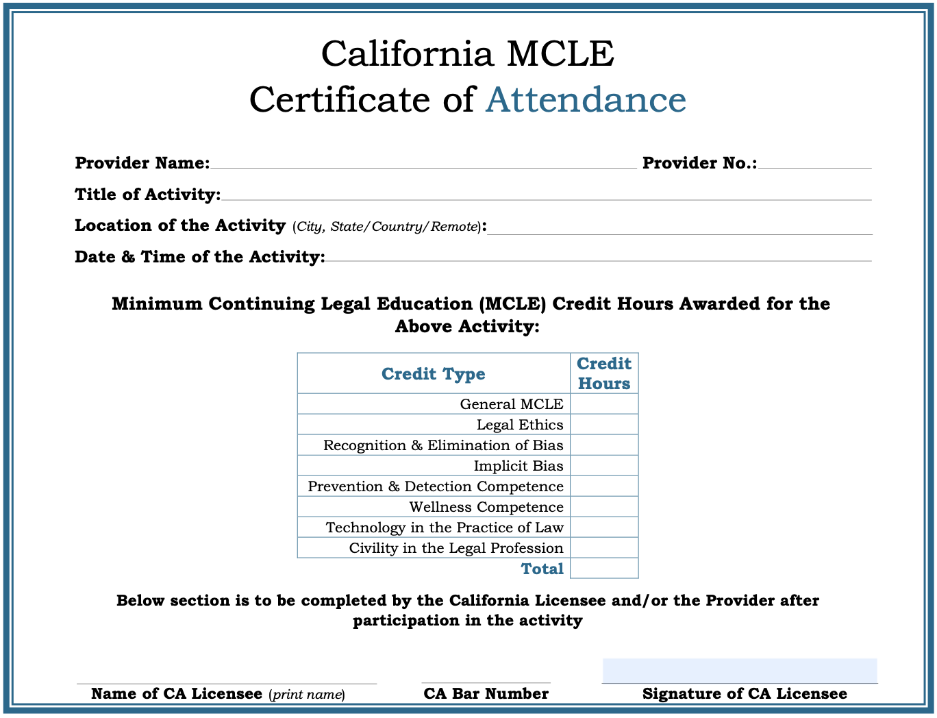 California MCLE certificate with state-specific formatting